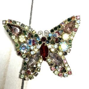 Weiss Rhinestone Butterfly Multicolor Brooch Pin 2-3/8” Vintage Signed
